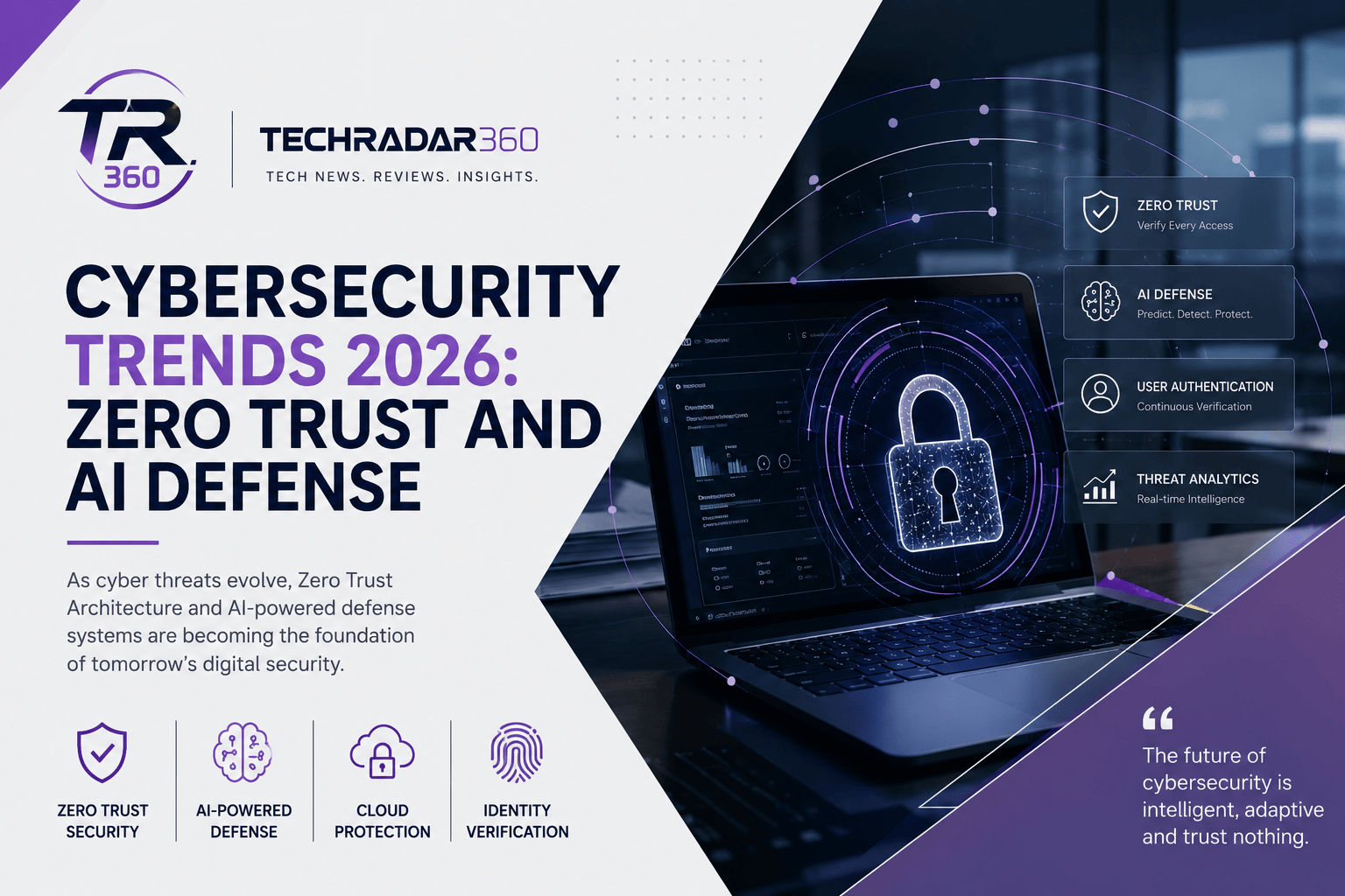 Cybersecurity Trends 2026 featuring Zero Trust security, AI-powered defense, laptop with digital lock interface, and enterprise cybersecurity concept.