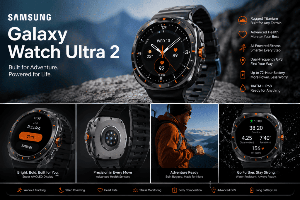 Samsung Galaxy Watch Ultra 2: Benchmark Results Reveal the Ultimate Winner 1 Samsung Galaxy Watch Ultra 2 on a rock with a mountain backdrop, highlighting rugged outdoor design and features on the right panel.