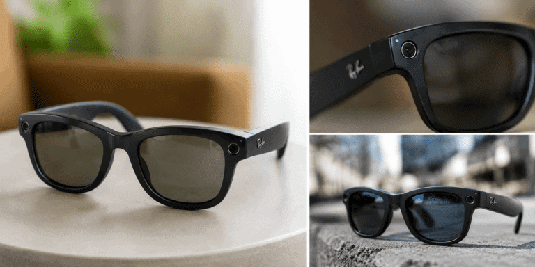 Close-up of Meta AI Smart Glasses featuring built-in cameras and AI-powered wearable technology in a realistic product and lifestyle collage.