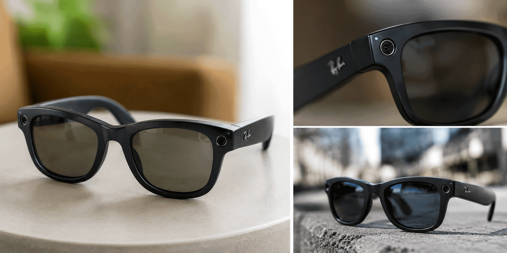 Close-up of Meta AI Smart Glasses featuring built-in cameras and AI-powered wearable technology in a realistic product and lifestyle collage.