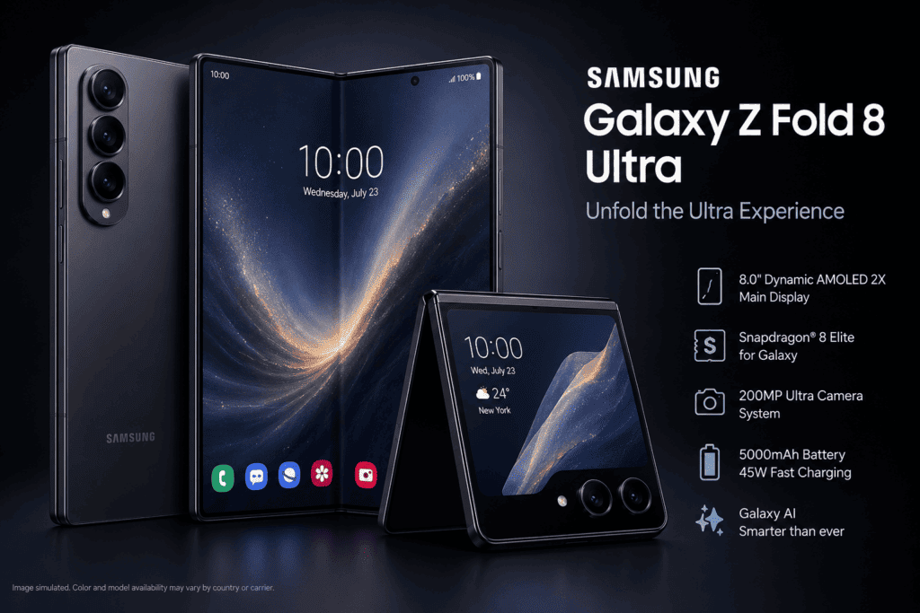 No More Crease? Samsung Galaxy Z Fold 8 Ultra Massive Leaks Revealed! 3 Samsung Galaxy Z Fold 8 Ultra foldable smartphone shown in folded and unfolded positions, highlighting its large AMOLED display, triple rear camera system, Galaxy AI features, and premium design.