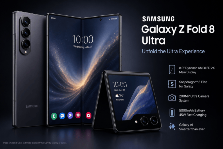Samsung Galaxy Z Fold 8 Ultra foldable smartphone shown in folded and unfolded positions, highlighting its large AMOLED display, triple rear camera system, Galaxy AI features, and premium design.