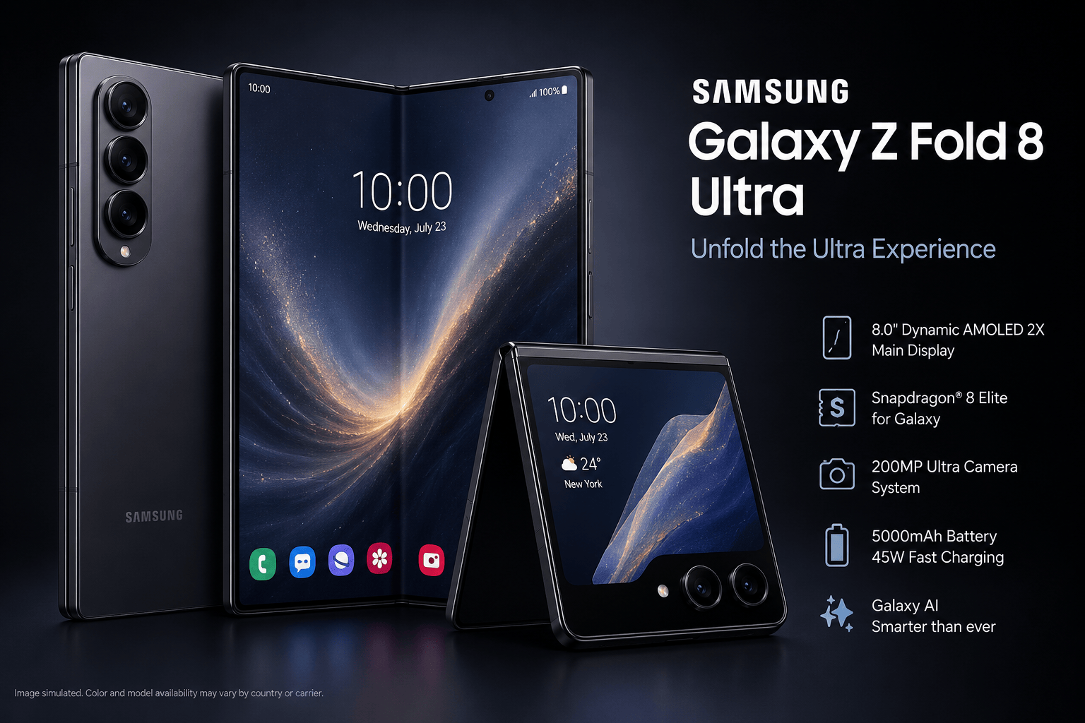 Samsung Galaxy Z Fold 8 Ultra foldable smartphone shown in folded and unfolded positions, highlighting its large AMOLED display, triple rear camera system, Galaxy AI features, and premium design.