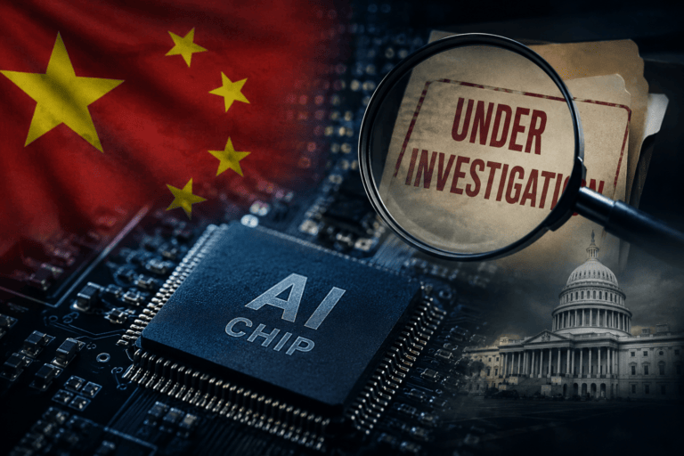 Conceptual news image showing an AI semiconductor chip with Chinese flag elements and an investigation theme, representing global scrutiny over Chinese AI chip access and technology security.