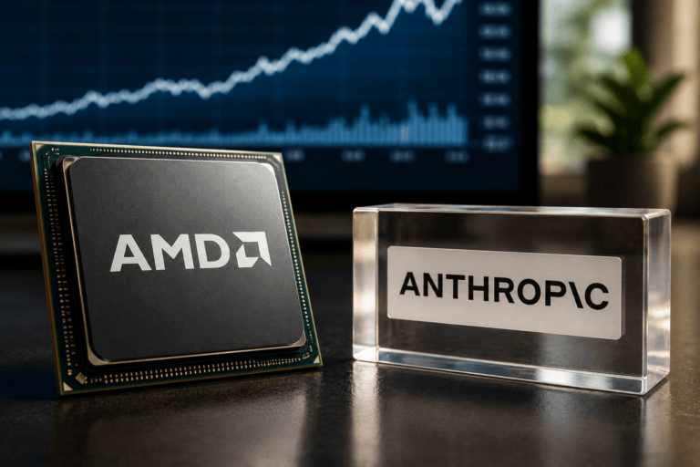 Realistic editorial image showing an AMD processor beside Anthropic branding, symbolizing AMD's planned investment of up to $5 billion in Anthropic to accelerate AI infrastructure and innovation.