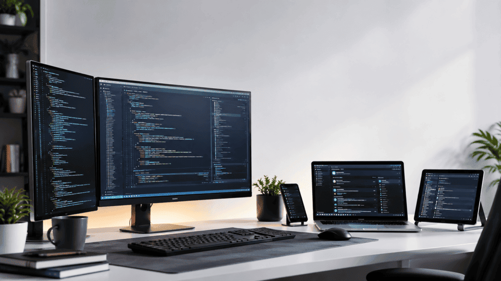 A modern developer workspace showing a comparison of four AI coding tools: Claude Code in a terminal, OpenAI Codex, Cursor IDE, and GitHub Copilot.