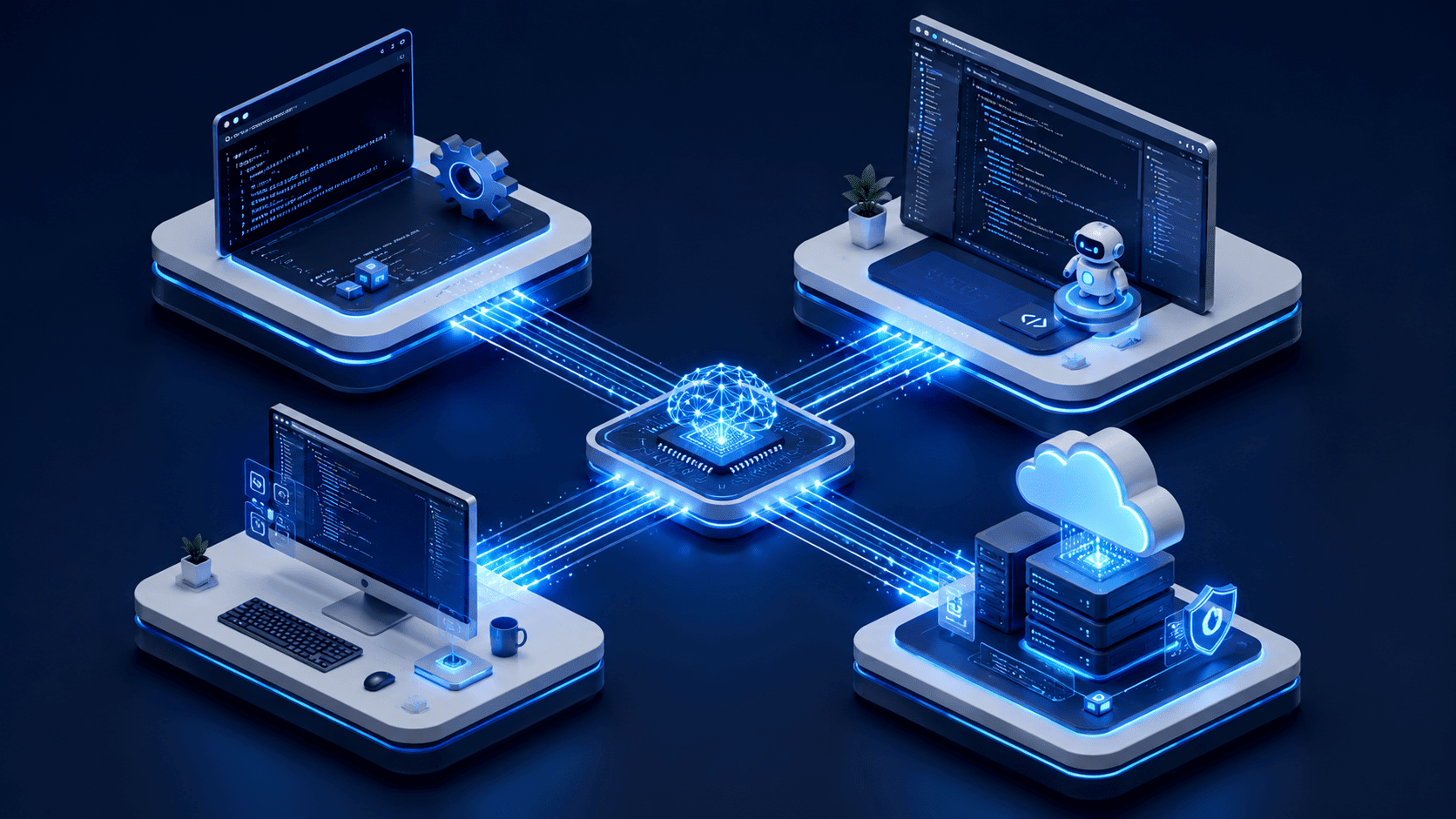 A modern developer workspace showing a comparison of four AI coding tools: Claude Code in a terminal, OpenAI Codex, Cursor IDE, and GitHub Copilot.