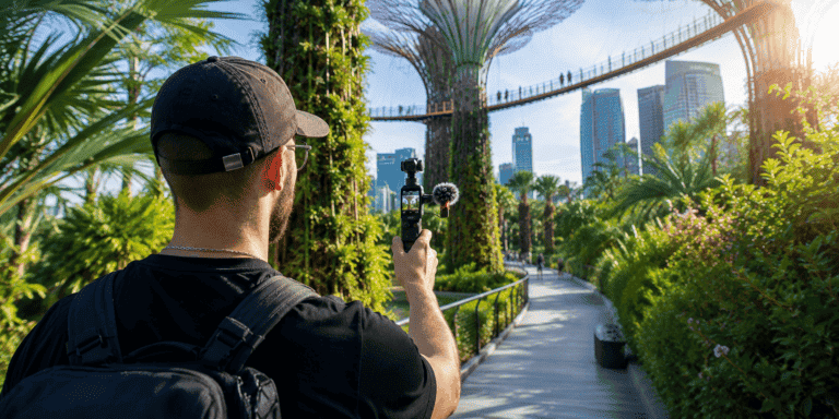 Professional content creator recording a vlog with a DJI Osmo Pocket 4 handheld gimbal camera and wireless microphone while walking through a futuristic green park in bright daylight.