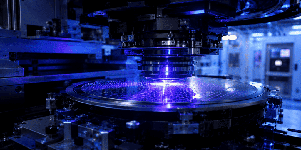 China’s Domestic DUV Lithography Breakthrough: Challenging ASML 1 Close-up of a semiconductor DUV lithography machine exposing a silicon wafer under deep ultraviolet light inside a modern chip manufacturing cleanroom.