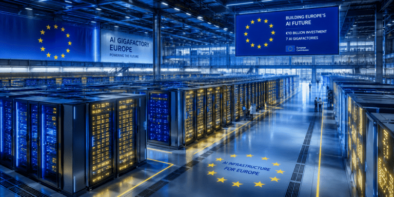 A futuristic AI data center inside a European gigafactory featuring rows of glowing server racks illuminated in blue and gold lighting, representing the European Union's €10 billion AI Gigafactory initiative.