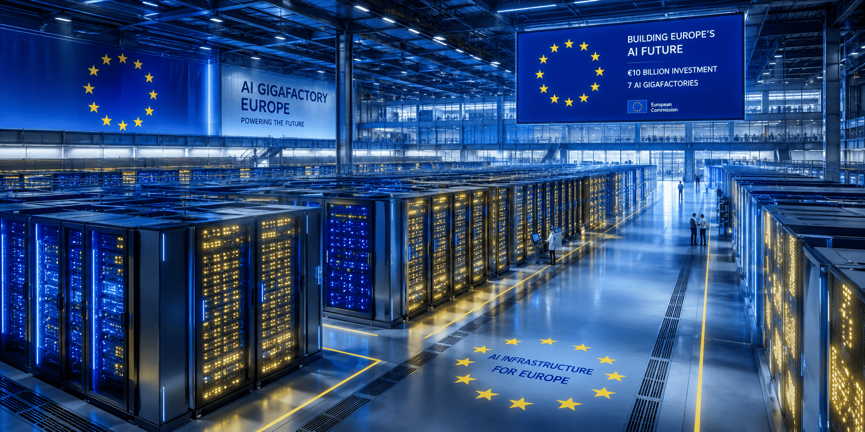 A futuristic AI data center inside a European gigafactory featuring rows of glowing server racks illuminated in blue and gold lighting, representing the European Union's €10 billion AI Gigafactory initiative.