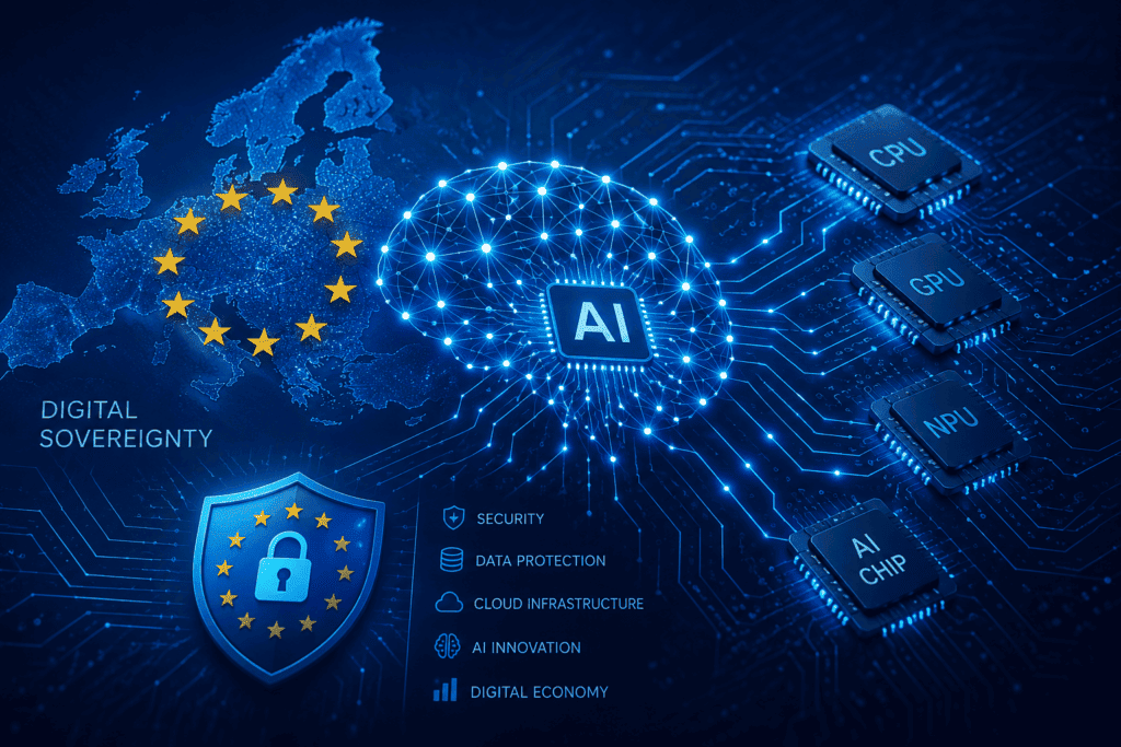 A futuristic AI data center inside a European gigafactory featuring rows of glowing server racks illuminated in blue and gold lighting, representing the European Union's €10 billion AI Gigafactory initiative.