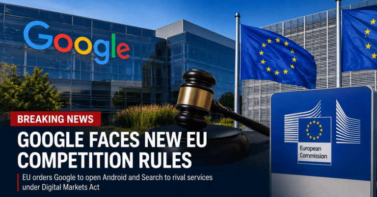 Google headquarters alongside European Union flags and a judge's gavel, illustrating new EU competition rules requiring Google to open Android and Search to rival services under the Digital Markets Act.