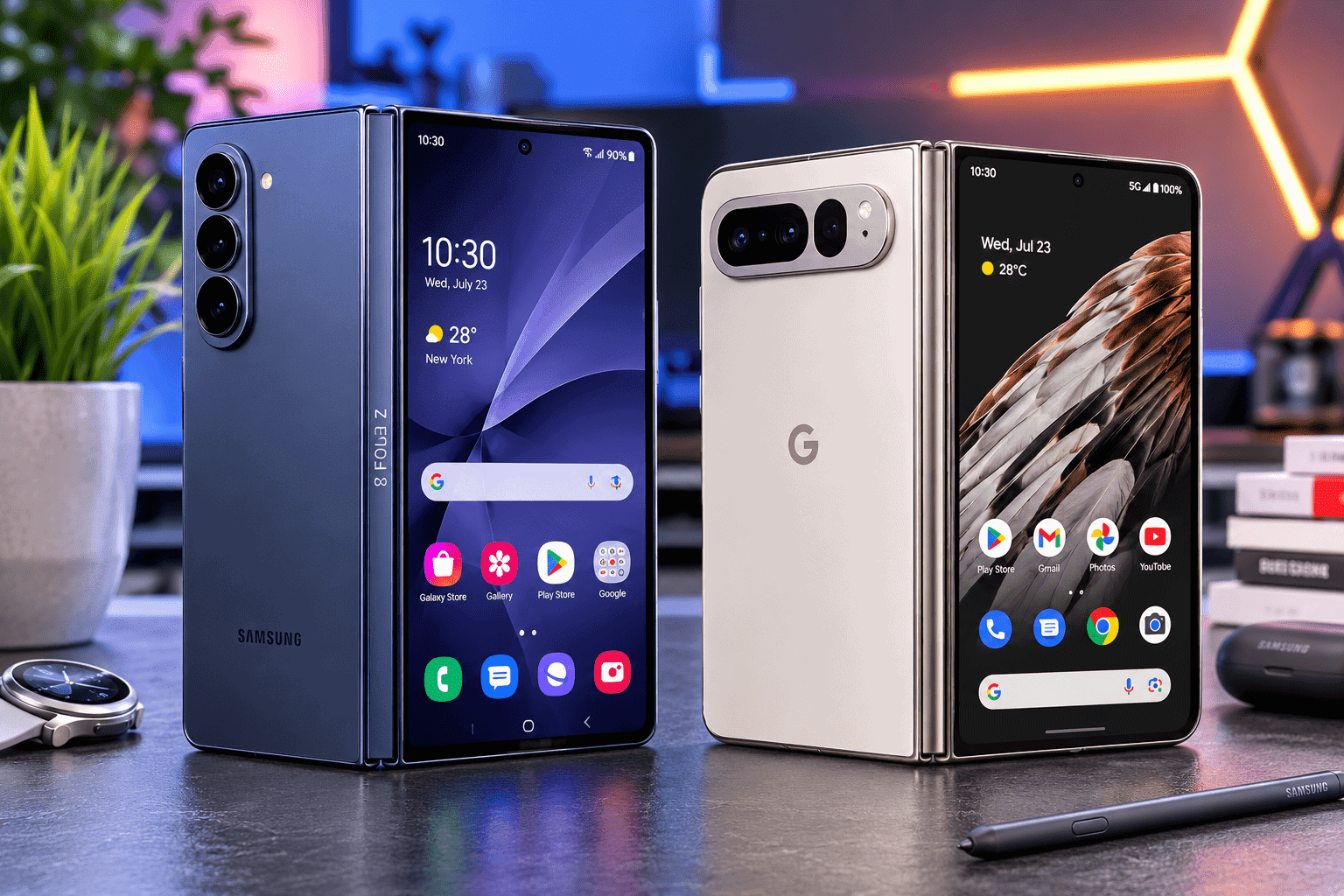 Side-by-side comparison of the Samsung Galaxy Z Fold 8 and Google Pixel Fold 3 smartphones.