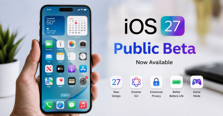Apple iPhone displaying the iOS 27 Public Beta interface with new AI features, smarter Siri, improved privacy, enhanced battery life, and redesigned user experience.