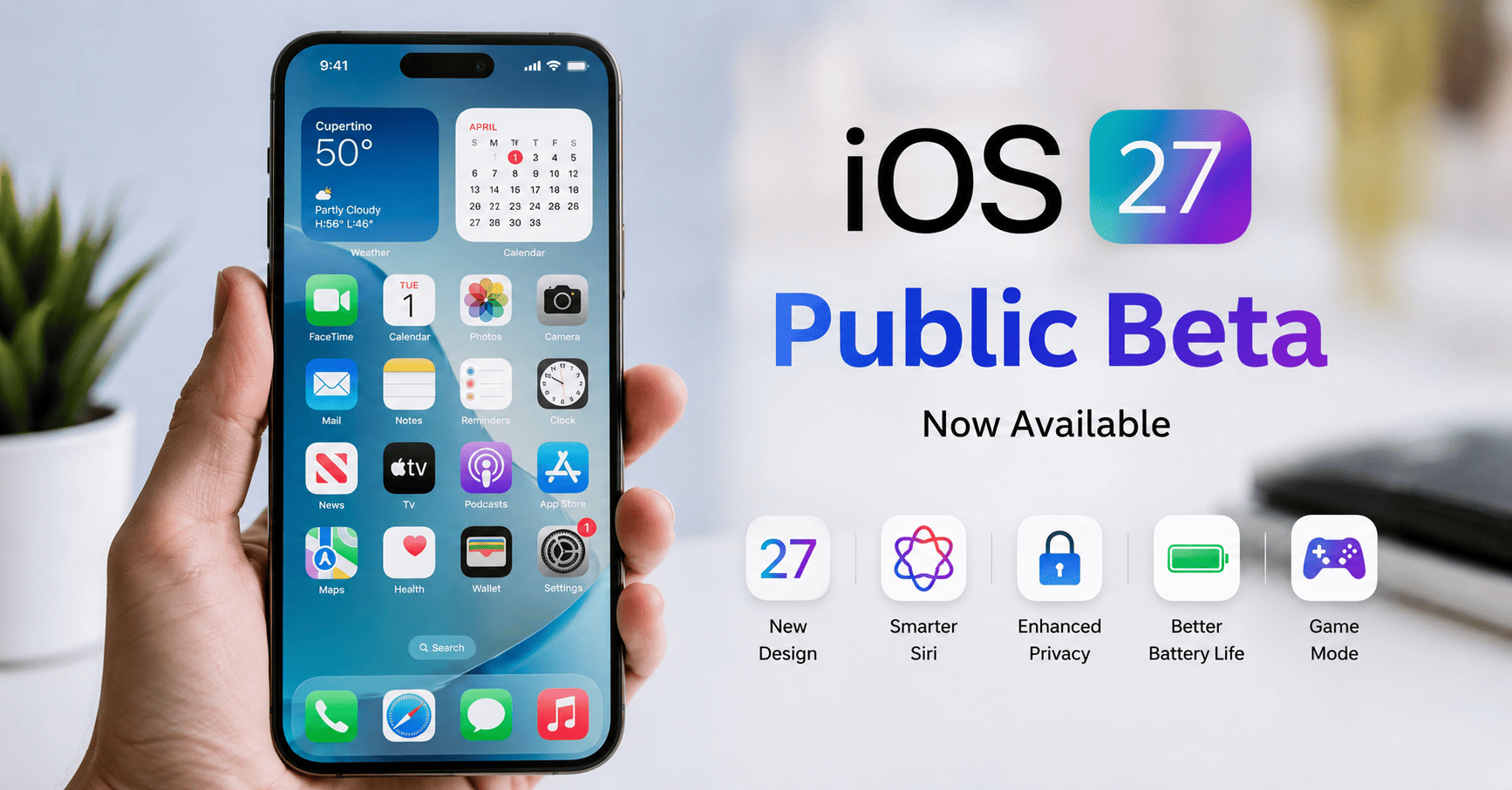 Apple iPhone displaying the iOS 27 Public Beta interface with new AI features, smarter Siri, improved privacy, enhanced battery life, and redesigned user experience.