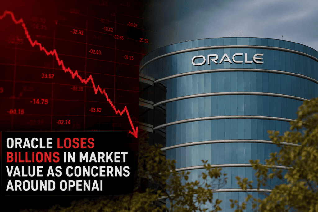 Oracle headquarters as investors react to declining market value amid AI investment concerns.