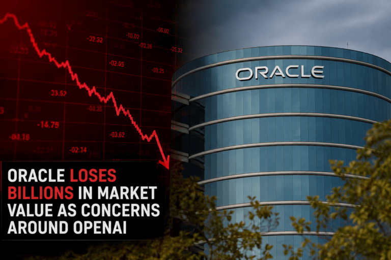 Oracle headquarters as investors react to declining market value amid AI investment concerns.