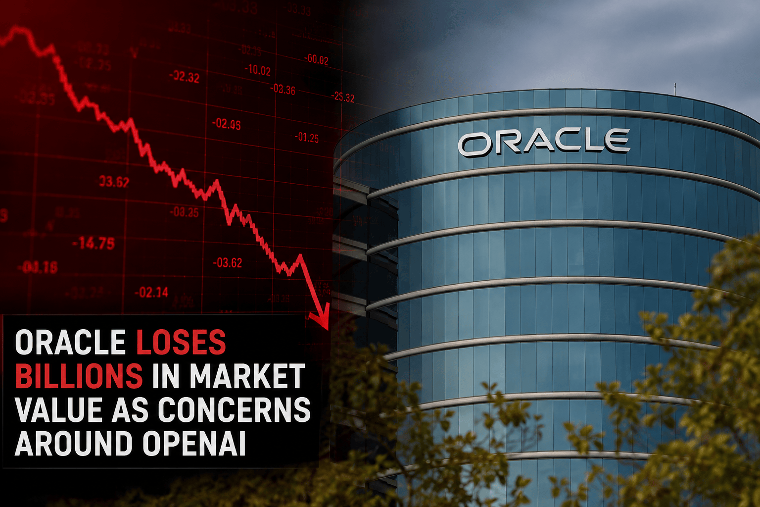 Oracle headquarters as investors react to declining market value amid AI investment concerns.