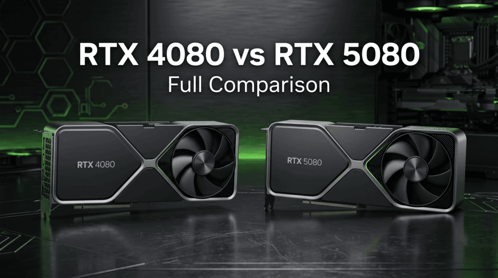 NVIDIA RTX 4080 vs RTX 5080: Full Comparison, Benchmarks, Gaming Performance & Price 2 NVIDIA GeForce RTX 4080 and RTX 5080 graphics cards shown side by side for a full comparison of gaming performance, specifications, ray tracing, DLSS, and AI features.