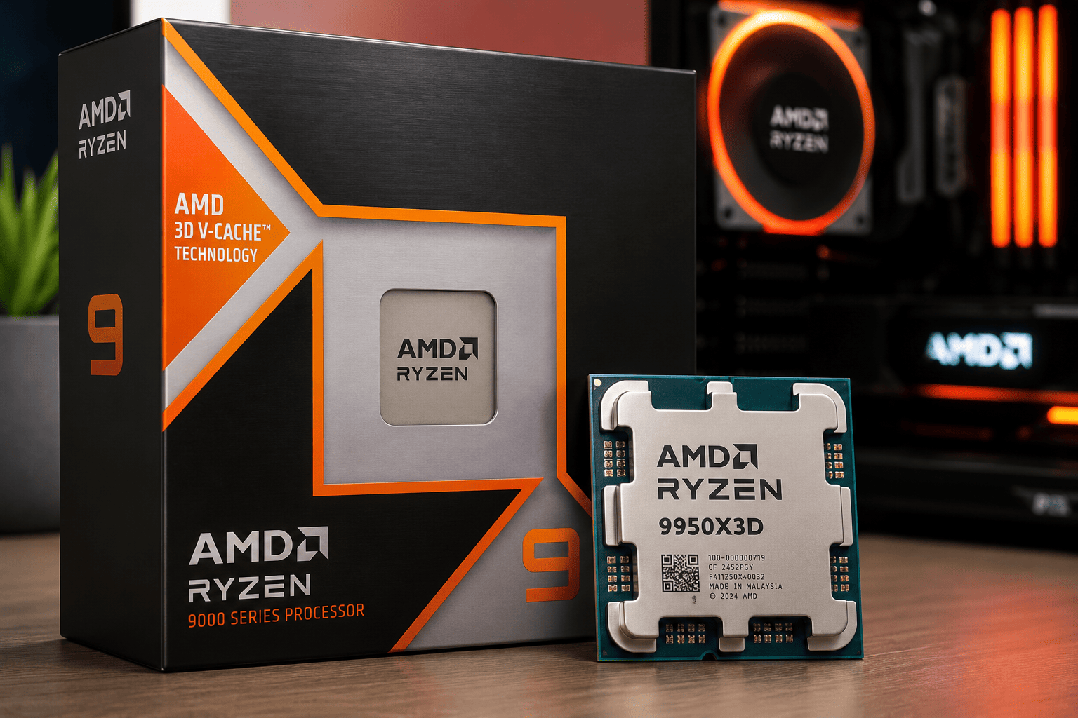 High-resolution product image of the AMD Ryzen 9 9950X3D desktop processor with retail packaging, highlighting AMD's flagship Zen 5 CPU for gaming, AI, and content creation.