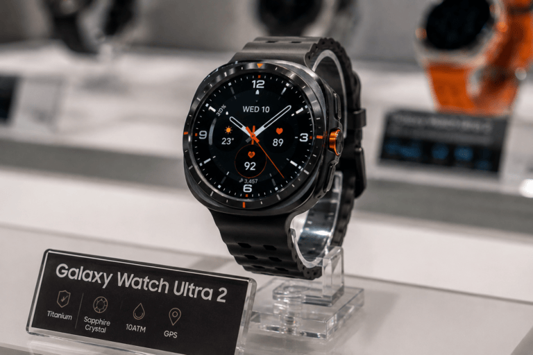 High-resolution product image of the Samsung Galaxy Watch Ultra 2 smartwatch featuring a rugged titanium design, AMOLED display, advanced fitness tracking, GPS, and health monitoring features.