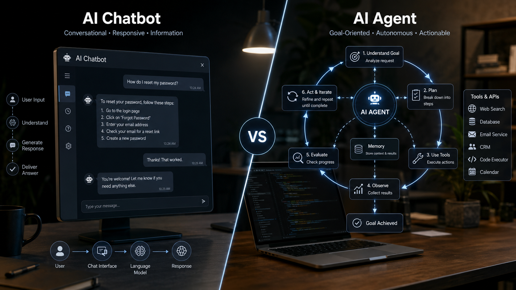 AI Agents vs AI Chatbots: Architectural comparison diagram between conversational chatbots and autonomous AI agents