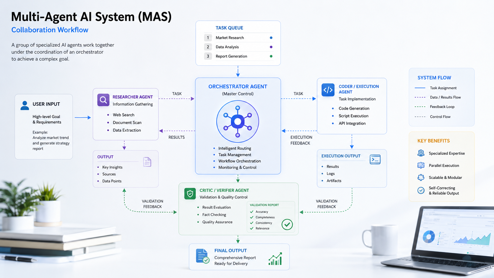 AI Agents vs AI Chatbots multi-agent orchestration: 3D technical infographic showing specialized AI agents collaborating on complex workflows