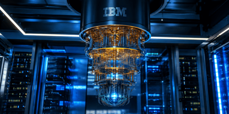 Photorealistic IBM-style quantum computer suspended inside a futuristic data center with intricate gold and copper wiring, glowing blue cryogenic system and blurred server racks.