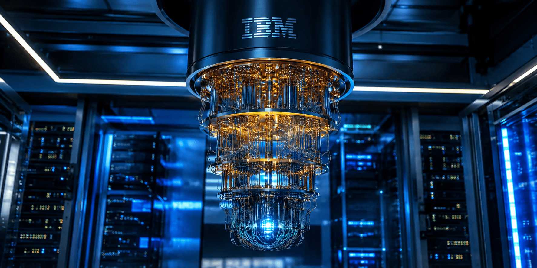 Photorealistic IBM-style quantum computer suspended inside a futuristic data center with intricate gold and copper wiring, glowing blue cryogenic system and blurred server racks.