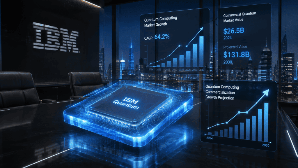 IBM Quantum Computing Revenue by 2028: $1 Trillion Roadmap 1 Photorealistic conceptual image of a holographic quantum computer chip floating above a glass conference table inside a modern corporate boardroom with futuristic financial growth charts and a city skyline at night.