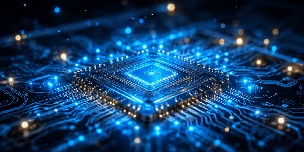 IBM Quantum Computing Revenue by 2028: $1 Trillion Roadmap 2 Extreme macro close-up of a futuristic superconducting quantum chip featuring glowing blue, cyan and gold microscopic circuits with floating quantum energy particles on a dark background.