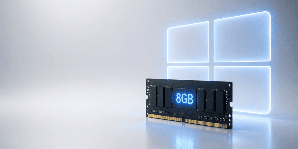 Microsoft Confirms Windows 11 8GB RAM Optimisation Update for 2026 1 A minimalist 3D render of an 8GB RAM chip with a glowing Windows 11 logo halo on a clean white background.