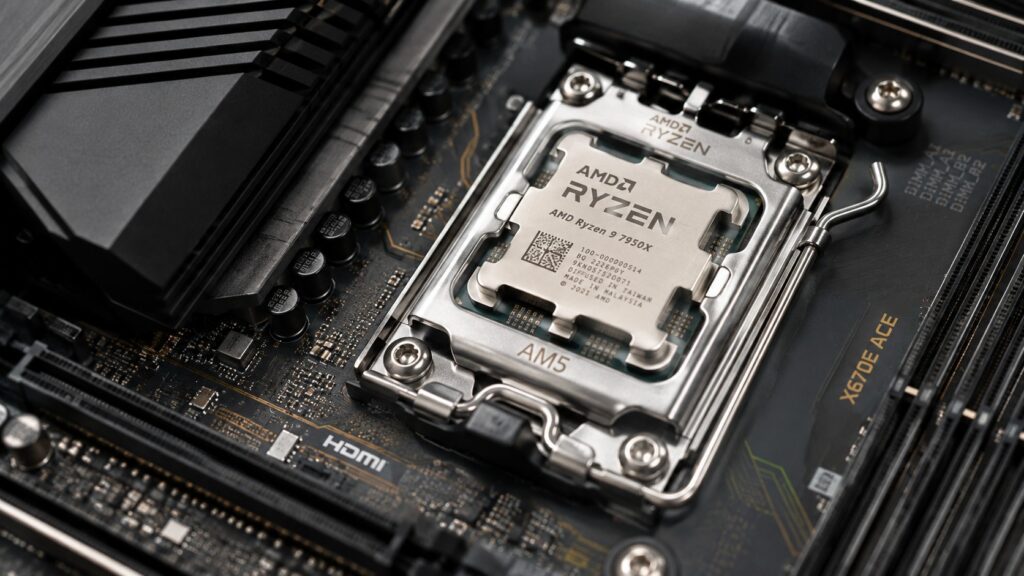 Close-up of an AM5 motherboard socket and heatsink design in a hardware test lab.
