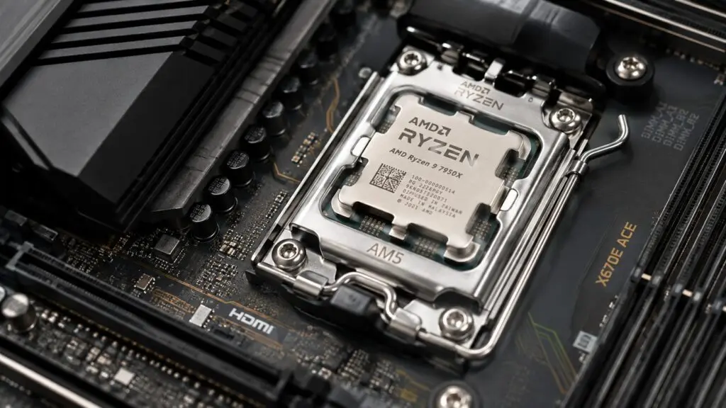 Close-up of an AM5 motherboard socket and heatsink design in a hardware test lab.