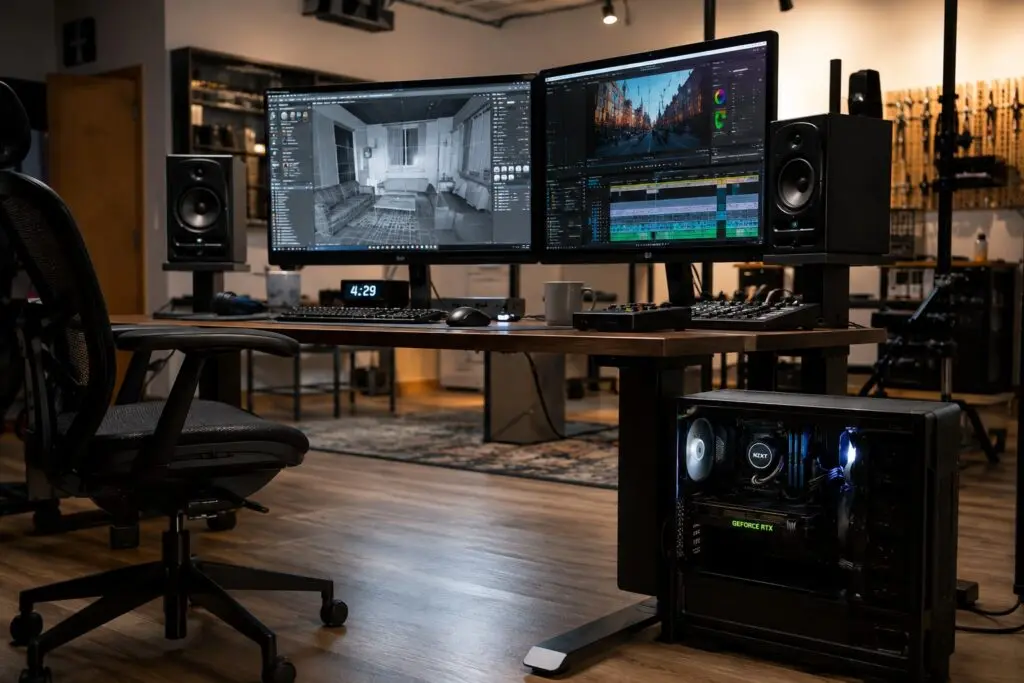 Dual-monitor desktop setup running multi-threaded rendering and video editing software.