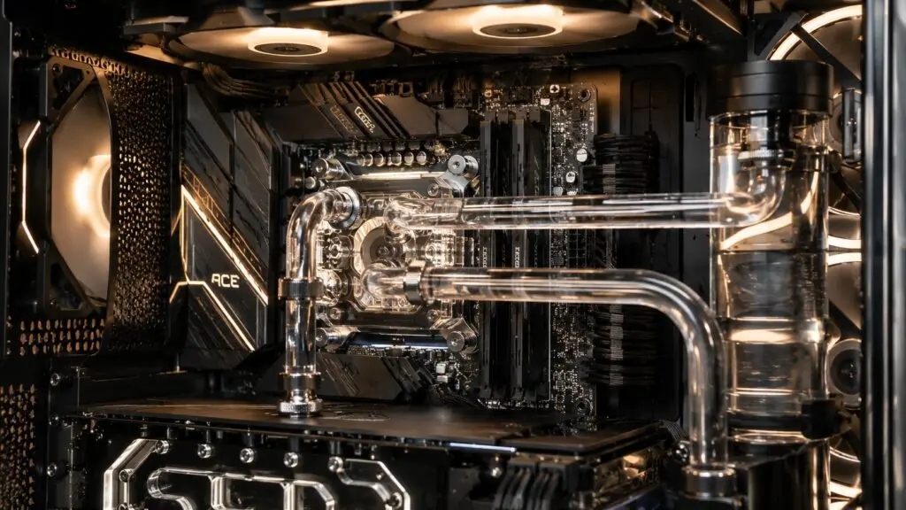 Close-up of a custom liquid-cooling water block mounted on a desktop PC processor.
