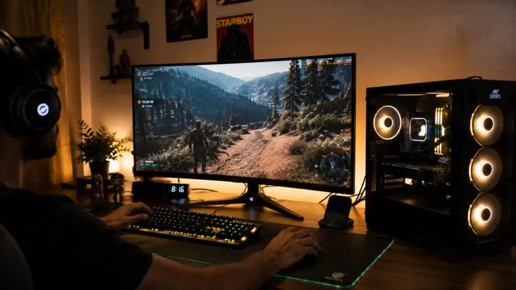 Desktop PC gaming setup with a wide monitor running a modern 3D game.