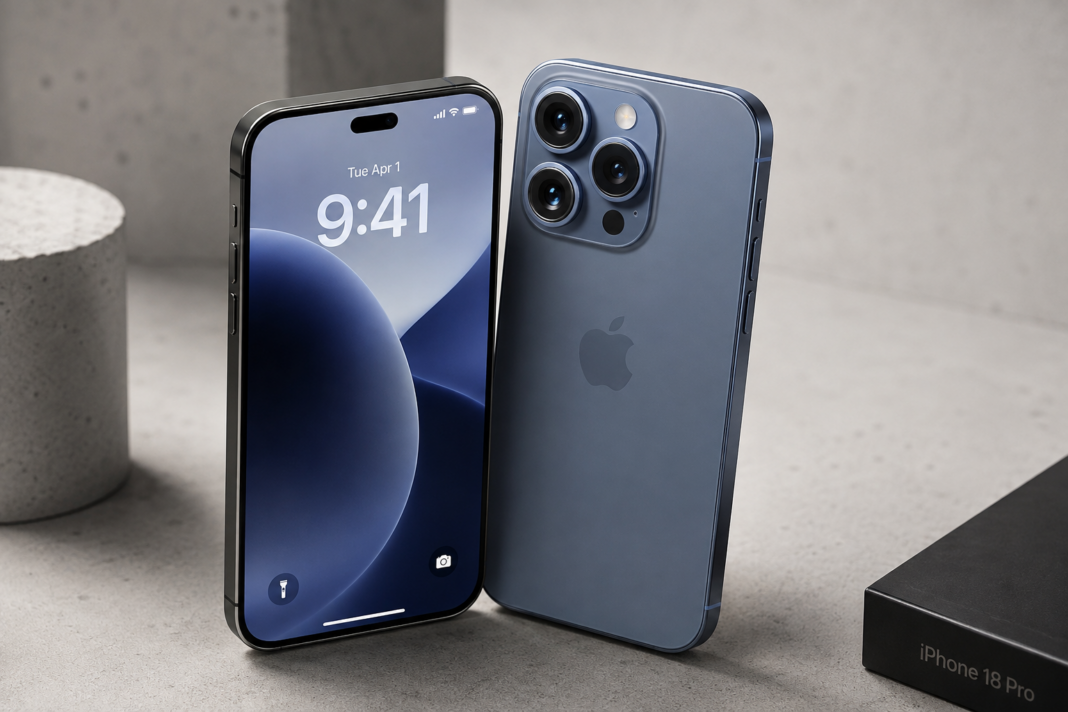 iPhone 18 Pro and iPhone 18 Pro Max design concept showing smaller Dynamic Island and polished titanium finish