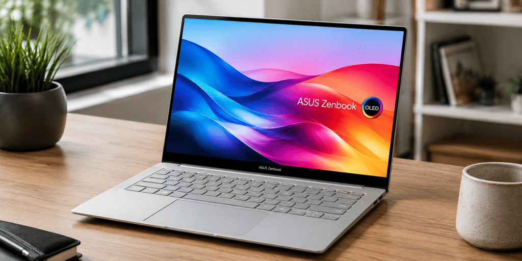 ASUS ZenBook 14 OLED Review (2026) | Intel Core Ultra 5 Series 2 1 ASUS UX3405CA-PZ345WS silver laptop with a 14-inch 3K OLED display on a modern wooden desk in a bright workspace.