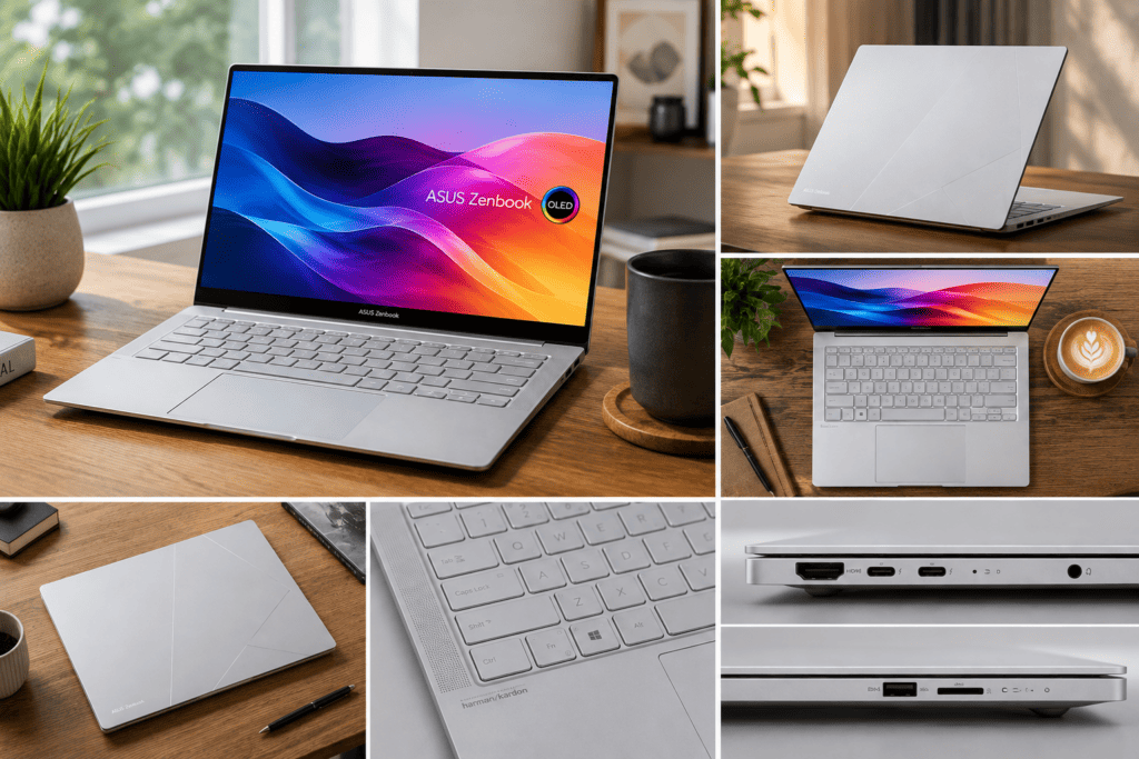 ASUS ZenBook 14 OLED Review (2026) | Intel Core Ultra 5 Series 2 2 Collage of the ASUS Zenbook 14 OLED UX3405CA showing the 3K OLED display, premium silver design, keyboard, touchpad, and connectivity ports.