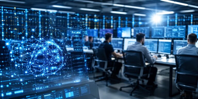 Modern cybersecurity operations center with AI network visualizations