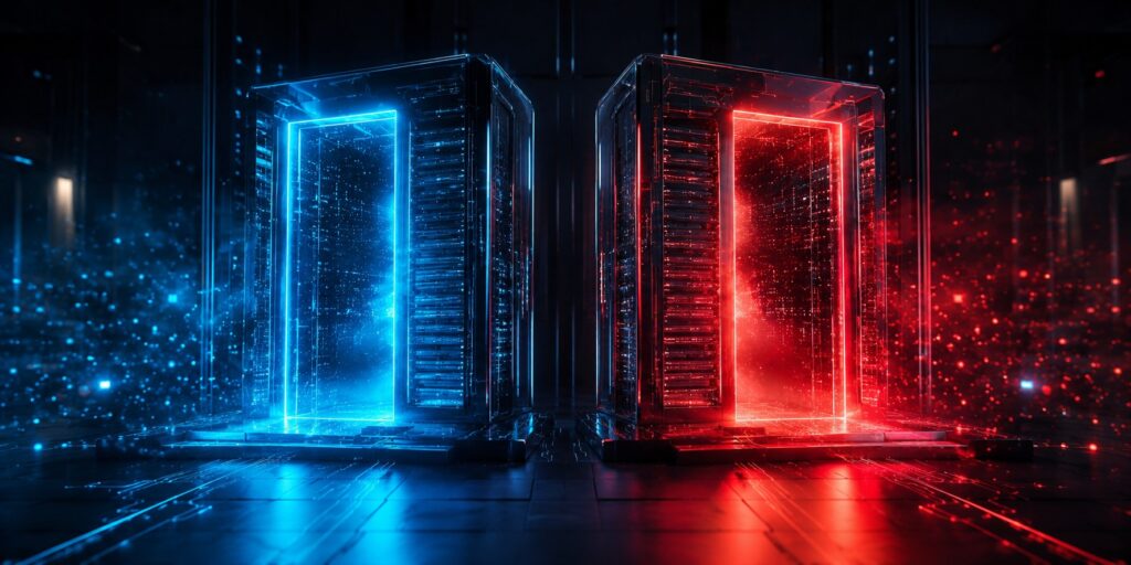 Two glowing digital servers in blue and red representing OpenAI Daybreak tiers
