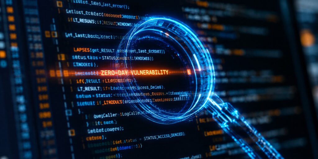 Digital scanner highlighting a zero-day vulnerability in computer code