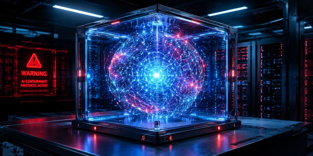Glowing AI neural sphere safely contained within a digital glass sandbox