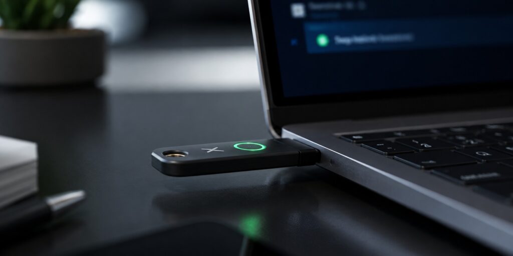 Hardware security key plugged into a laptop for secure authentication