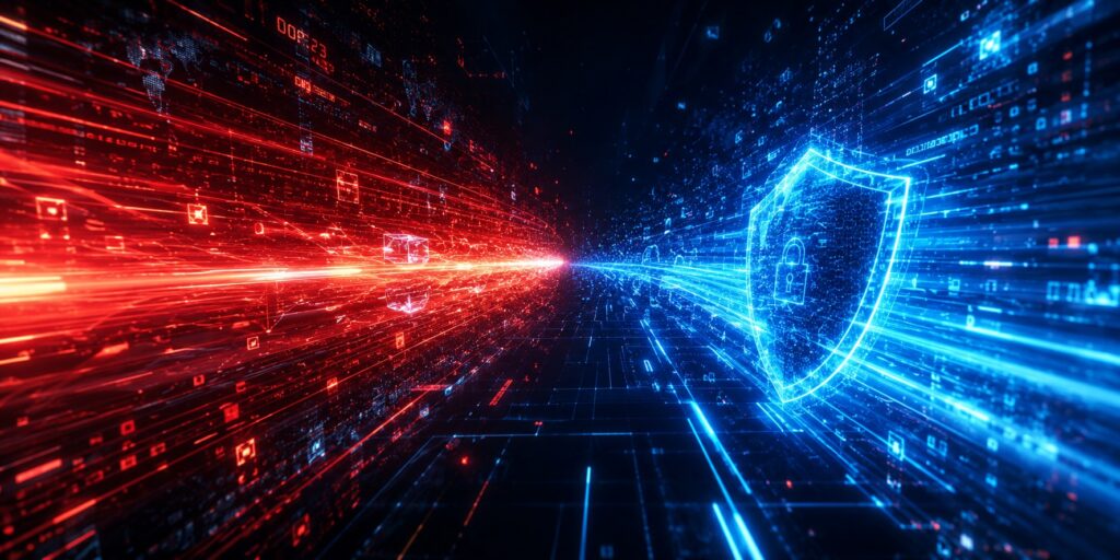 Abstract digital speed race between a blue security shield and a red threat stream