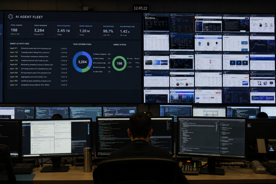 Enterprise dashboard mockup monitoring concurrent autonomous web automation jobs on Cloudflare Kitesurf.