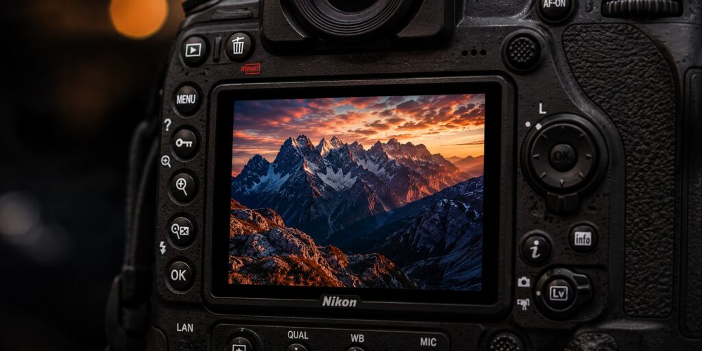 Nikon D850 illuminated rear buttons and tilting LCD screen displaying a landscape photograph