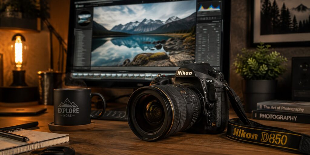 Nikon D850 DSLR resting on a wooden desk beside a coffee cup with photo editing software open on a screen in the background